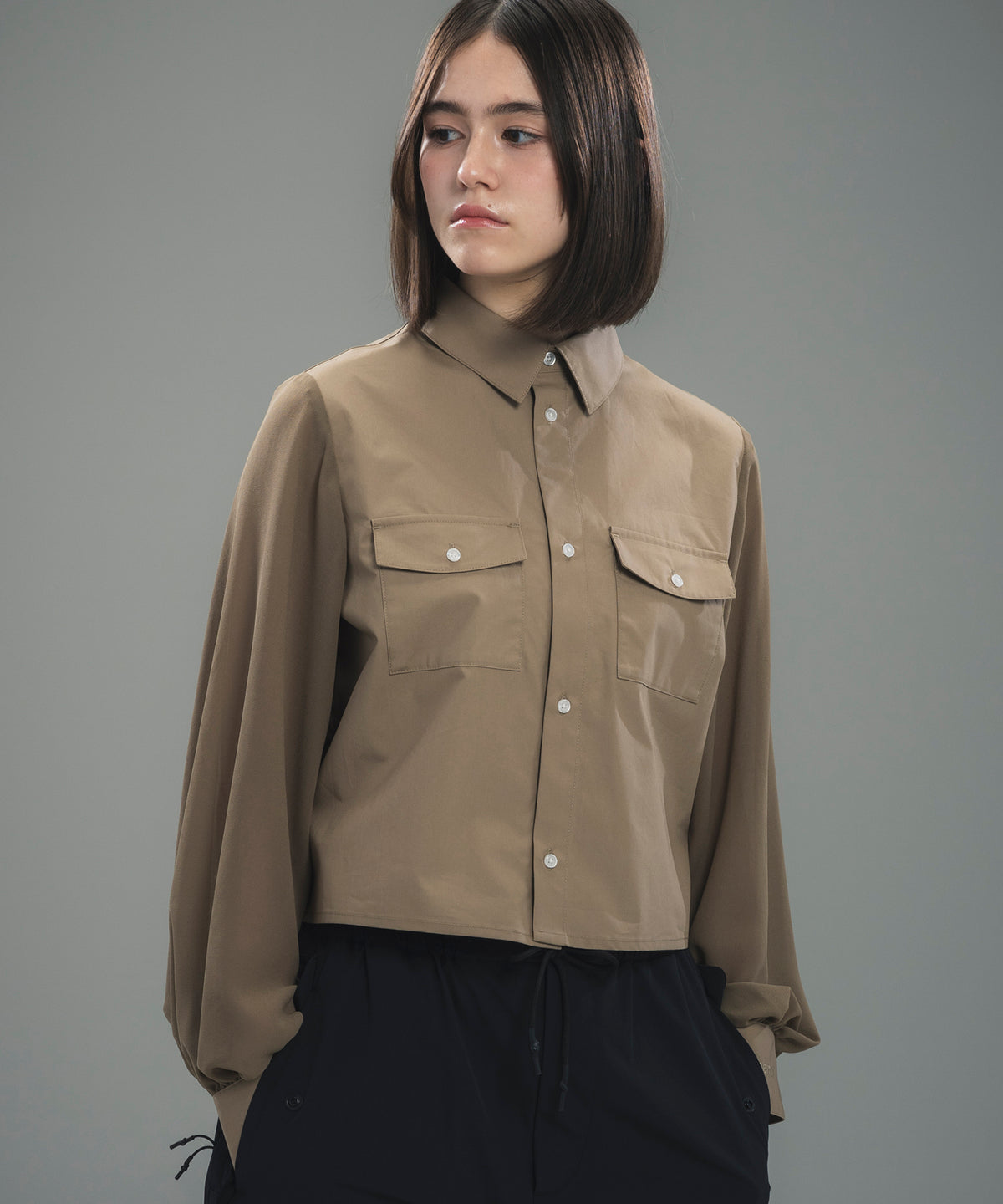 SHEER SLEEVE CROPPED SHIRT / シアースリーブ クロップドシャツ